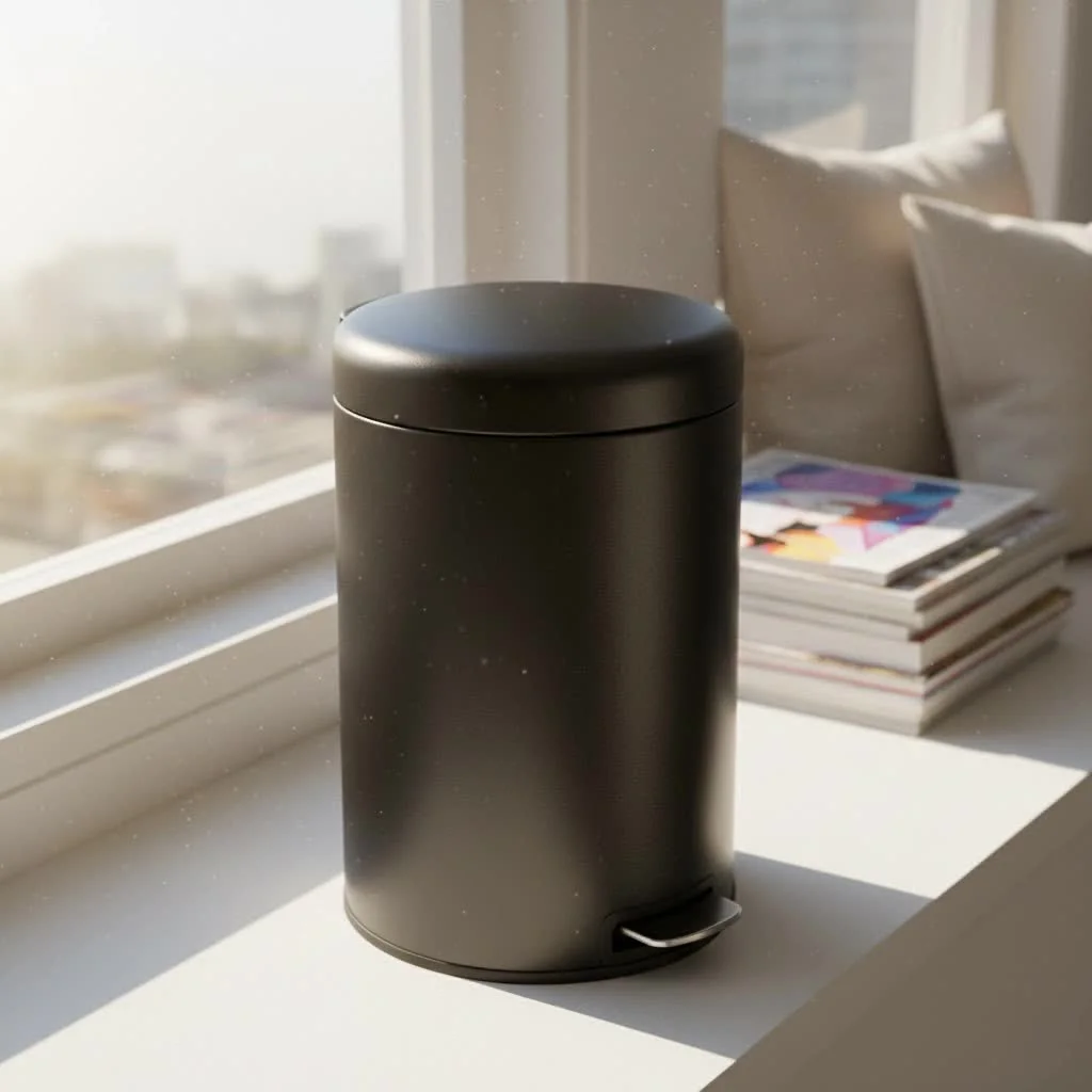 A black 32-gallon trash can with wheels and a hinged lid