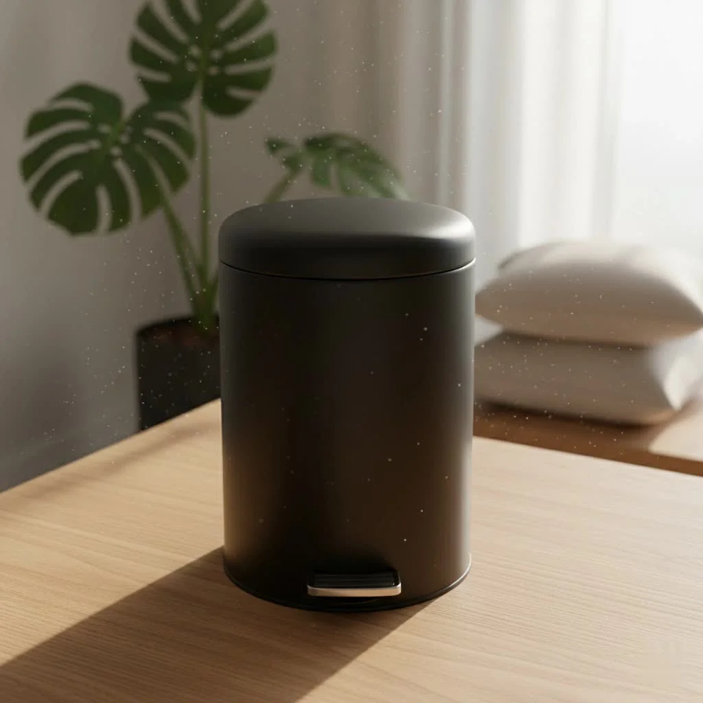 Stainless steel kitchen trash can in a modern kitchen