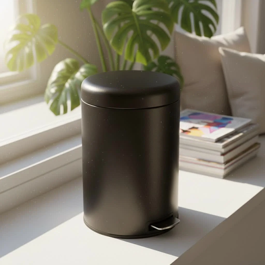 Slim stainless steel trash can in a modern small bathroom
