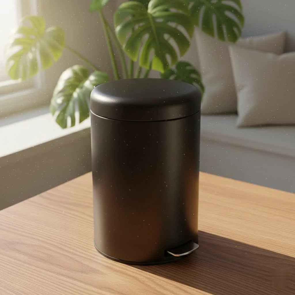 An 8-gallon stainless steel trash can with a step-on pedal