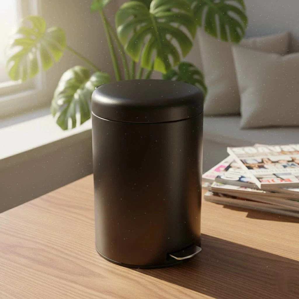 Modern stainless steel pedal bin in a clean bathroom setting