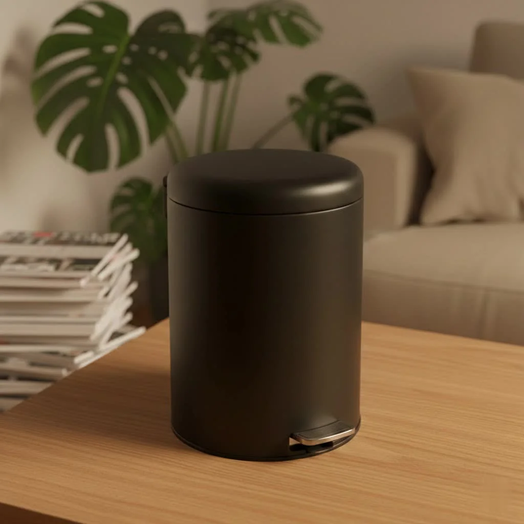 Small trash can in a modern home office setting